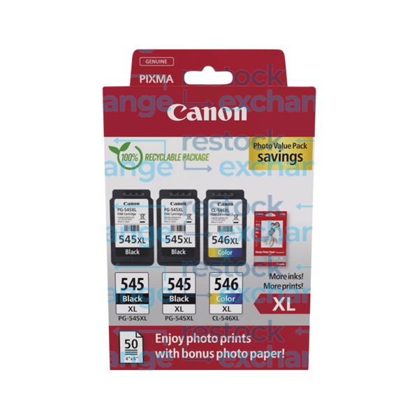 Canon PG-545XL / CL-546XL H/C Multipack - 3 Ink Cartridges & Photo Paper Value Pack - 8286B015